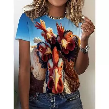 Футболка с принтом «Битва цыпленка», повседневный топ с круглым вырезом и короткими рукавами для весны и лета, женская одежда S