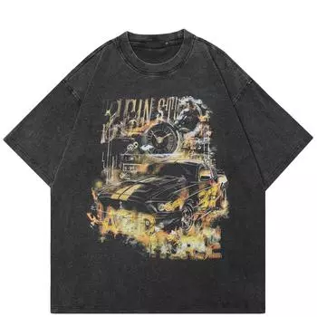 Футболка с принтом «Боевая машина» в уличном стиле, черная футболка из хлопка, унисекс, свободная, с короткими рукавами S чёрный