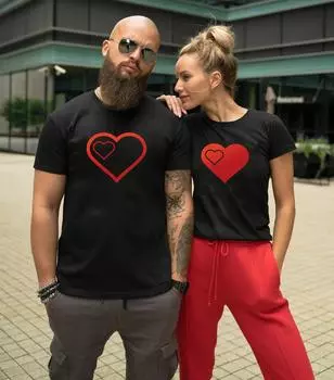Футболка с принтом большого маленького красного сердца для пары, короткий рукав, O-образный вырез, свободная футболка короля и королевы, футболка для влюбленных, топы, женская одежда S