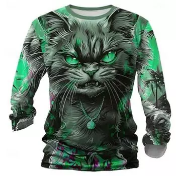 Футболка с принтом Cat Funny Designer Retro Vintage для мужчин, повседневная, с 3D-принтом, желтая, красная, синяя, с длинным рукавом и круглым вырезом S