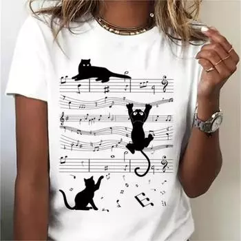 Футболка с принтом Cat&Sheet Music, повседневная, с круглым вырезом и коротким рукавом, летняя дышащая женская одежда, футболка больших размеров S