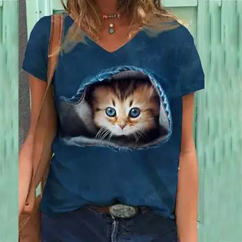 Футболка с принтом Cat Tree Theme Series 3D, женская футболка с короткими рукавами и V-образным вырезом с принтом 3D 6XL