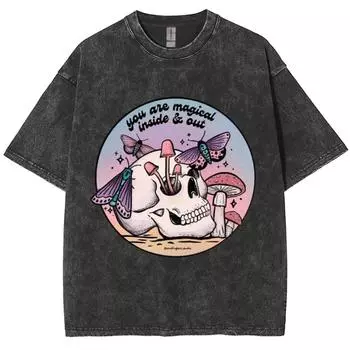 Футболка с принтом черепа бабочки, стиранная, оверсайз, свободного кроя, с коротким рукавом, хлопковая, удобная, забавная, базовая летняя футболка S