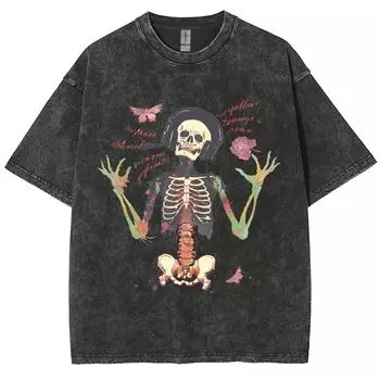 Футболка с принтом черепа и бабочки, мужская, винтажная, потертая, с короткими рукавами, с принтом, футболки, футболки для пар S