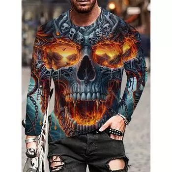 Футболка с принтом черепа Мужская футболка с круглым вырезом и длинным рукавом Повседневная мужская одежда Футболки для мужчин Футболки с принтом черепа Топы S