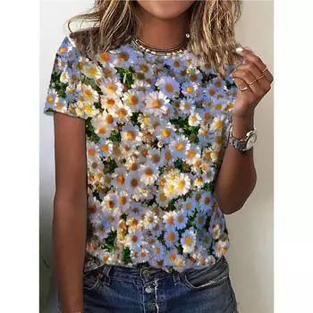 Футболка с принтом «цветочный кластер», повседневный топ с круглым вырезом и короткими рукавами для весны и лета, женская одежда S