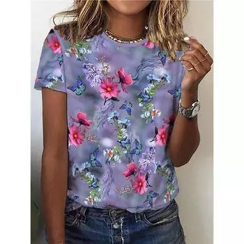 Футболка с принтом «Цветы и бабочки», повседневный топ с круглым вырезом и короткими рукавами для весны и лета, женская одежда S