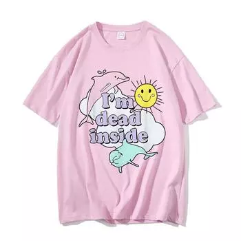 Футболка с принтом дельфина I m Dead Inside, летняя, персонализированная, с принтом улыбки и граффити, топы с коротким рукавом, для пар, повседневная одежда свободного покроя XS розовый