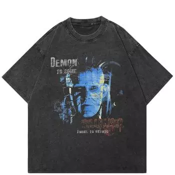 Футболка с принтом демона в уличном стиле, черная футболка из хлопка, унисекс, свободная, с короткими рукавами S чёрный