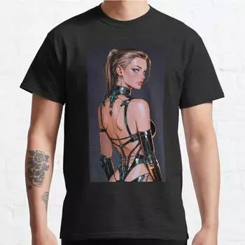 Футболка с принтом «Девушка-киборг» размера плюс S-3XL, мужские топы, модная одежда, футболки S чёрный