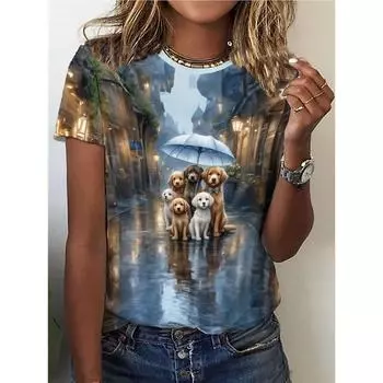Футболка с принтом Dog Brothers in the Rain, повседневный топ с круглым вырезом и короткими рукавами для весны и лета, женская одежда S