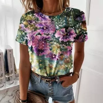 Футболка с принтом Flower Series 3D, абстрактная живопись, круглый вырез, 3D, женские футболки с короткими рукавами, топ S