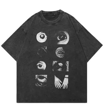 Футболка с принтом «Глаза» в уличном стиле, черная футболка из хлопка, стираная, унисекс, топы, футболки, летняя футболка с короткими рукавами S чёрный