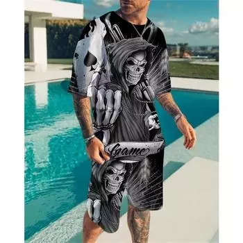 Футболка с принтом готического ужаса и черепа в стиле панк, шорты, 2 предмета, хип-хоп, мужская и женская, модная уличная одежда, повседневная футболка с круглым вырезом, хит продаж S