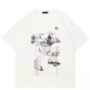 Футболка с принтом Harajuku в уличном стиле, хлопковая футболка, унисекс, свободная, для пар, с короткими рукавами S белый