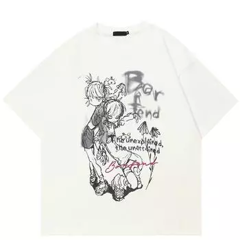 Футболка с принтом Harajuku в уличном стиле, хлопковая футболка, унисекс, свободная, для пар, с короткими рукавами S белый