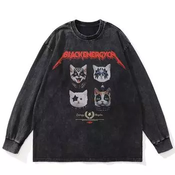 Футболка с принтом «Хип-хоп» с изображением кошек с обеих сторон, черная, стираная, хлопковая, унисекс, большие размеры, длинные рукава, футболка S чёрный