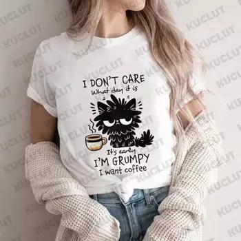 Футболка с принтом «I Want Coffee» на 3D-принте, женская летняя футболка с коротким рукавом Y2k, модные футболки в стиле хип-хоп, одежда, черная кошка, удобная повседневная футболка S