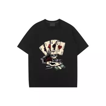 Футболка с принтом игральных карт и черепа, уличная футболка, свободные дышащие мужские топы 2024 года, мода в стиле хип-хоп, повседневная, с коротким рукавом, новая S
