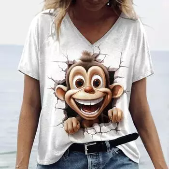 Футболка с принтом игривых животных для женщин, летние повседневные футболки с коротким рукавом, кавайные топы с V-образным вырезом, футболки, женский свободный свитер S