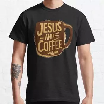Футболка с принтом «Иисус и кофе» размера плюс S-3XL, мужские топы, модная одежда, футболки S чёрный
