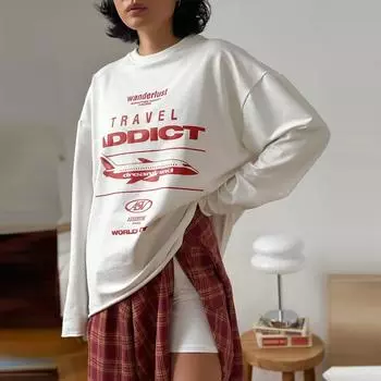 Футболка с принтом, индивидуальный уличный дизайн, женская рубашка с круглым вырезом и длинными рукавами, хлопковая рубашка Harajuku для поездок на работу, свободная повседневная рубашка для весны и осени S белый