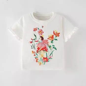 Футболка с принтом из чистого хлопка Sweet Flower для девочек, летняя футболка с коротким рукавом 2025 года для девочек, белые топы, футболки, детская одежда 3Y
