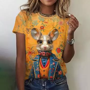 Футболка с принтом из мультфильмов, женская футболка с 3D-принтом в виде мышки и животных, модная женская футболка, топ в стиле Харадзюку, дизайн с круглым вырезом, одежда 2025 S