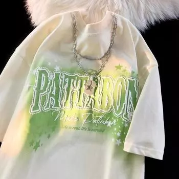 Футболка с принтом из пенопласта в стиле ретро и звездами для мужчин и женщин. Летняя модная тенденция. Повседневный удобный топ из чистого хлопка для пар с короткими рукавами Harajuku. S бежевый