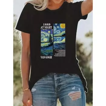 Футболка с принтом «Картина Ван Гога» на весну и лето, повседневная, с круглым вырезом и короткими рукавами, женская одежда S