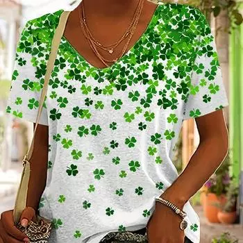 Футболка с принтом клевера, повседневный топ с короткими рукавами и V-образным вырезом на весну и лето, женская одежда S