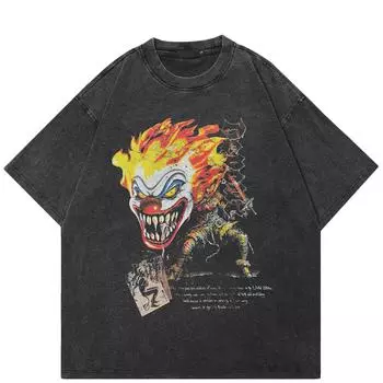 Футболка с принтом клоуна в уличном стиле, черная футболка из хлопка, унисекс, свободная, с короткими рукавами S чёрный