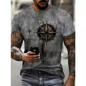 Футболка с принтом «Компас» — круглая горловина, повседневный уличный стиль, дышащая, влагоотводящая, быстросохнущая, незаменимая вещь для мужчин на лето S