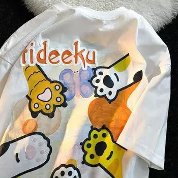 Футболка с принтом «кошачья лапа» в стиле ретро, мужская и женская летняя модная тенденция, повседневная, удобная, с чувством дизайна, топ с короткими рукавами для пары, Harajuku M белый