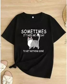 Футболка с принтом кошек и букв больших размеров, повседневный топ с короткими рукавами для весны и лета, женская одежда больших размеров 1XL чёрный