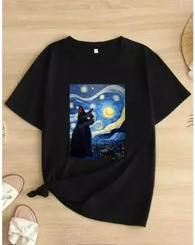 Футболка с принтом «Кошка и небо» больших размеров, повседневный топ с круглым вырезом с короткими рукавами для весны и лета, женская одежда больших размеров 1XL чёрный