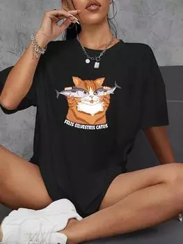 Футболка с принтом «Кошки и рыбы», повседневная, короткий рукав, круглый вырез, эластичный спортивный топ, женская спортивная одежда для активного отдыха M