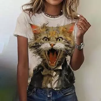 Футболка с принтом кота для женщин, 2024, модная повседневная женская летняя одежда с коротким рукавом и круглым вырезом, градиентная женская одежда 2XL
