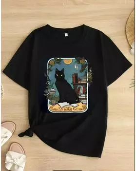 Футболка с принтом кота из мультфильма больших размеров, повседневная футболка с круглым вырезом и короткими рукавами, женская одежда больших размеров 1XL чёрный