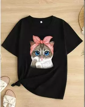 Футболка с принтом кота из мультфильма больших размеров, повседневная футболка с круглым вырезом и короткими рукавами, женская одежда больших размеров 1XL чёрный