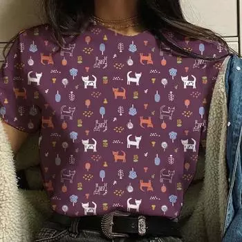 Футболка с принтом кота, модная, с круглым вырезом и коротким рукавом, высококачественная, свободная, дышащая, летняя, повседневная, удобная женская футболка XXS