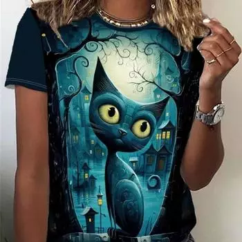 Футболка с принтом кота, повседневный топ с круглым вырезом и короткими рукавами, весенне-летняя женская одежда S