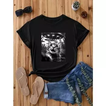 Футболка с принтом кота, повседневный топ с круглым вырезом и короткими рукавами для весны и лета, женская футболка S