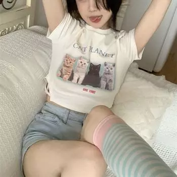 Футболка с принтом кота Slim Fit Basic Kitten Crop Top Animal Cute Cat Top Women XL