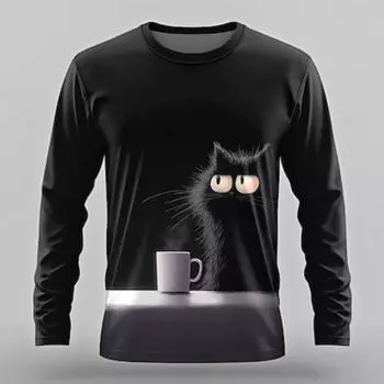 Футболка с принтом кота, забавная, ретро, винтажная, мужская, 3D, уличная, повседневная, на каждый день, на Хэллоуин, с длинным рукавом, с круглым вырезом, летняя одежда S