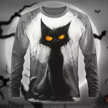 Футболка с принтом кота, забавная, ретро, винтажная, мужская, 3D, повседневная, на Хэллоуин, с длинным рукавом, с круглым вырезом, летняя, весенняя, осенняя одежда S