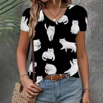 Футболка с принтом кота, женская одежда, свободный летний дышащий повседневный топ с V-образным вырезом и коротким рукавом, женская футболка, модный топ для вечеринок XS