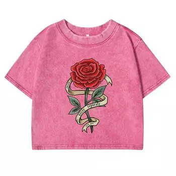 Футболка с принтом красных роз, обернутых лентами, женская, вываренная, в стиле ретро, новая, хлопковая, уличная, повседневная одежда для женщин M
