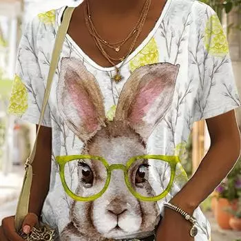 Футболка с принтом кролика больших размеров, повседневная футболка с V-образным вырезом и короткими рукавами, женская одежда больших размеров S