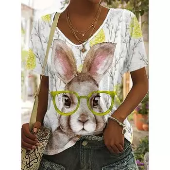 Футболка с принтом кролика размера плюс 2025, повседневная футболка с V-образным вырезом и коротким рукавом, женская одежда больших размеров S